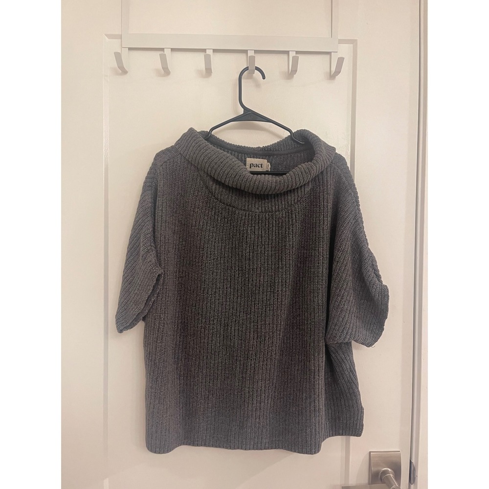 Organic Cotton Pact Oversized Gray Knit Sweater Short Sleeves Turtle Neck‎ Cowl